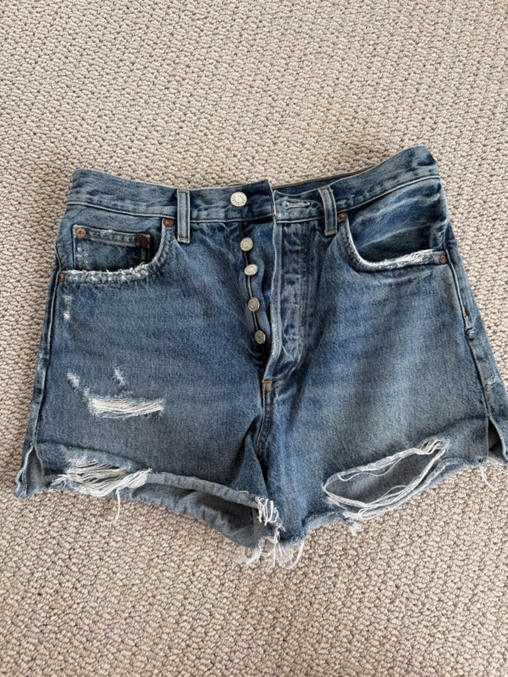 High-Waist Distressed Denim Shorts - Blue